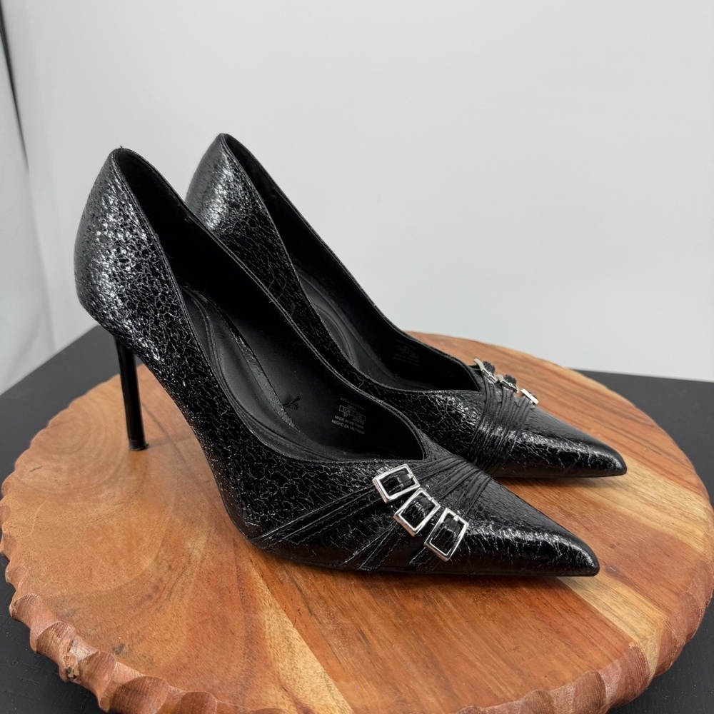 Zara black high-heel pumps pointed toe crackle silver buckled straps 37 6.5
